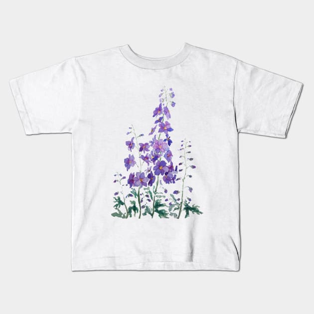 purple blue pink delphinium watercolor Kids T-Shirt by colorandcolor